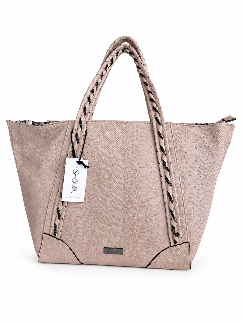 Jessica Simpson Blush Nude Embossed Large Tote Bag Braided Handles